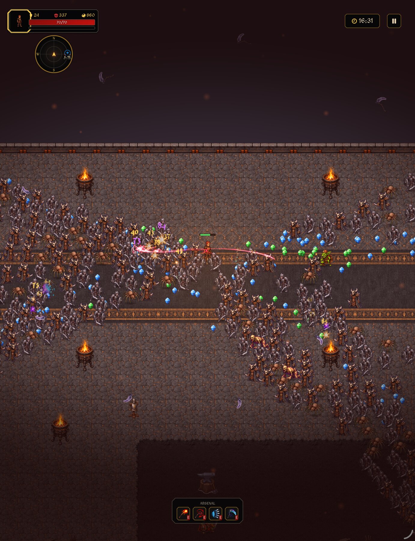Evolved weapons cutting through a dense horde in a torchlit dungeon