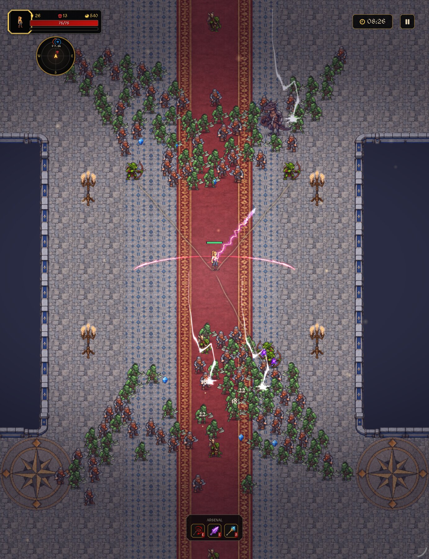 A champion wielding lightning and sweeping blades in a stone hall
