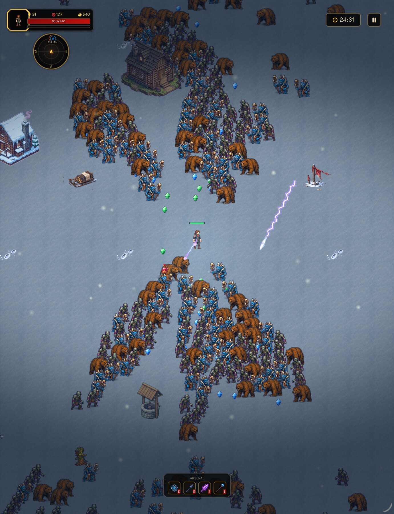 A champion using lightning against enemies in a snowy realm